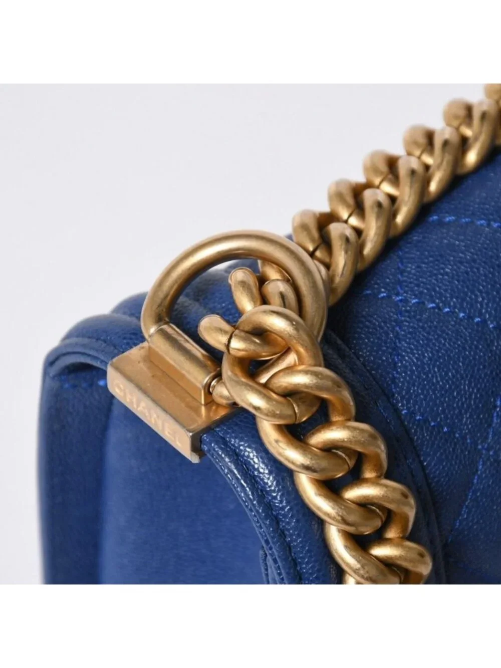 Chanel Boy Chain Shoulder Bag Blue Caviar Leather Gold